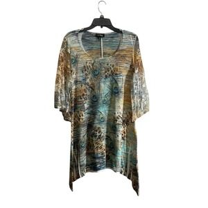 Vtg Cal Style Tunic Top Large Peacock Print Boho Lace Sleeve Embellished